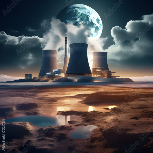 AI generated unrealistic picture of a nuclear power plant which is being operated on the moon and the earth is in the background