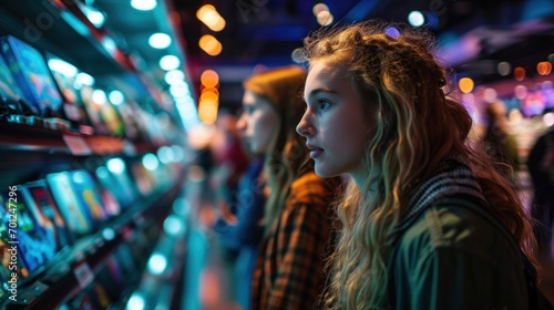 Teenagers shopping for video games in a gaming store