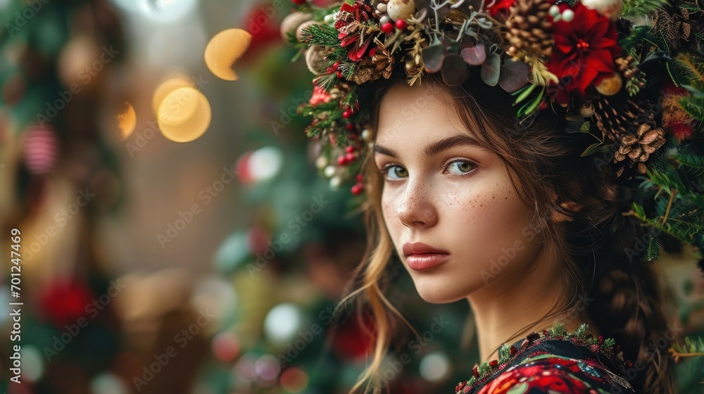 Model in Holiday Costume with Festive Decor Model in Holiday Costume with Festive Decor