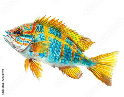 Brightly Colored Fish Illustration with Yellow Fins and Blue Striped Body
