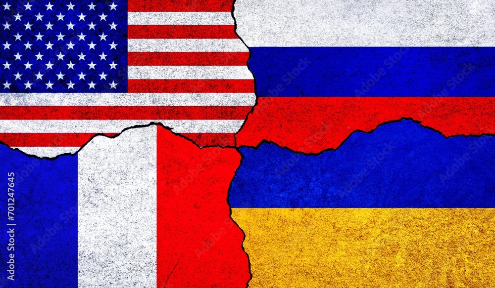 Ukraine, Russia, United States of America (USA) and France flags together. Ukraine Russia war