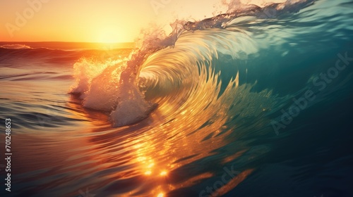 Rolling ocean waves in clear water with sunset background