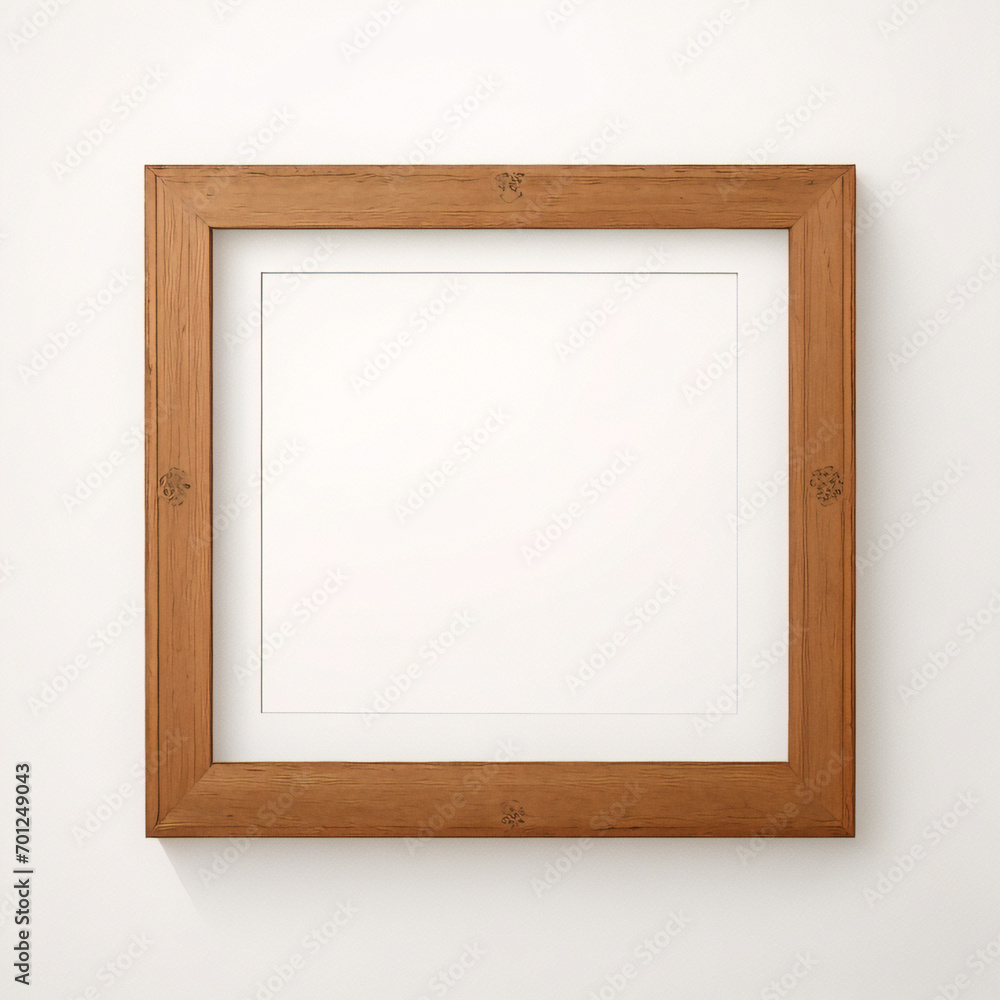 Fototapeta premium Fotomodell mit Holzrahmen an der Wand. Modell eines Bilderrahmens aus Holz. Horizontaler Rand mit Schatten. Leerer Fotorahmen A4 an der Hintergrundwand. Rand für Designdrucke, Poster und Gemälde. Vekt