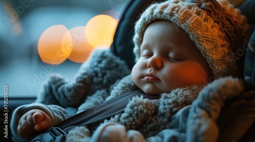 Baby peacefully sleeping in a car seat during a trip photo