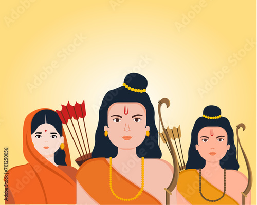 Vector illustration of Shree Ram with His Wife Sita and Brother Laxman return in Ayodhya mandir temple 