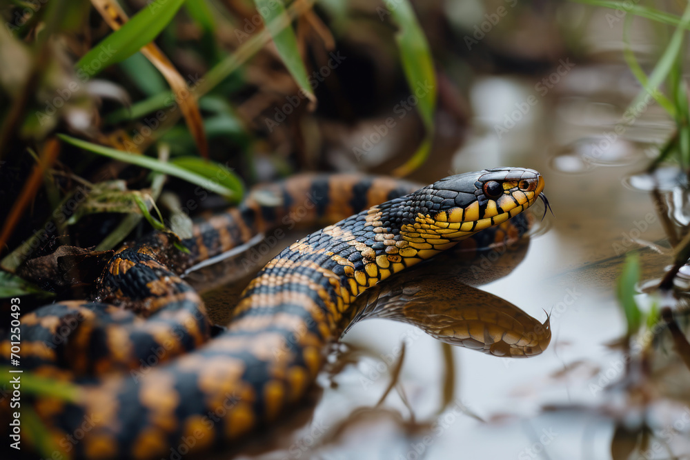 Photo of a Tiger Snake moving along a wetland area in Tasmania, its distinct bands visible in the natural, muted light of an overcast day Photo of a Tiger Snake moving along a wetland area in Tasmania, its distinct bands visible in the natural, muted light of an overcast day
