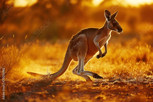 Photo of a kangaroo in the Australian Outback, hopping across a dusty plain at sunset, with warm golden light photo