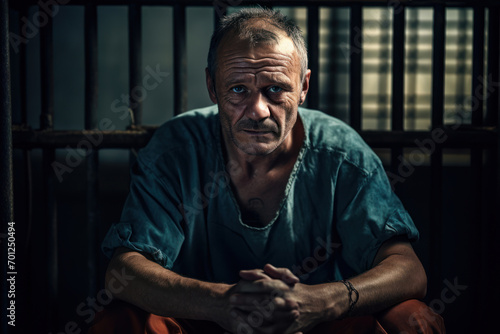 
Photo of a middle-aged Caucasian male in his 50s, serving a life sentence, sitting solemnly on a bench in his prison cell with bare walls and a small window