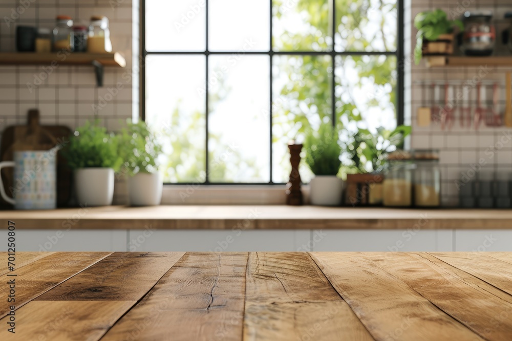 Empty counter table top for product display in modern kitchen interior Empty counter table top for product display in modern kitchen interior