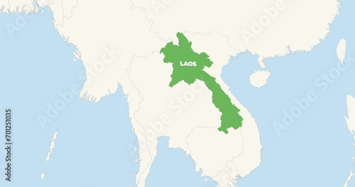World Map Zoom In To Laos. Animation in 4K Video. Green Laos Territory On Blue and White World Map photo