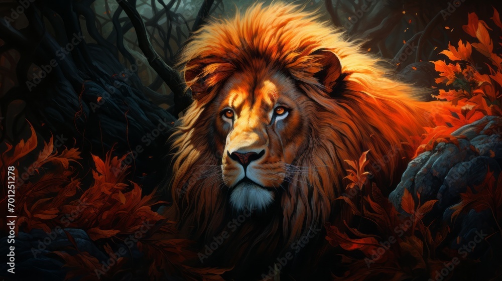 Lion in the forest, digital painting style