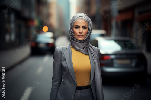 Femme mûre élégante et voilée portant un costume gris et un hijab, travailleuse active, dirigeante d'entreprise musulmane dans une grande ville américaine