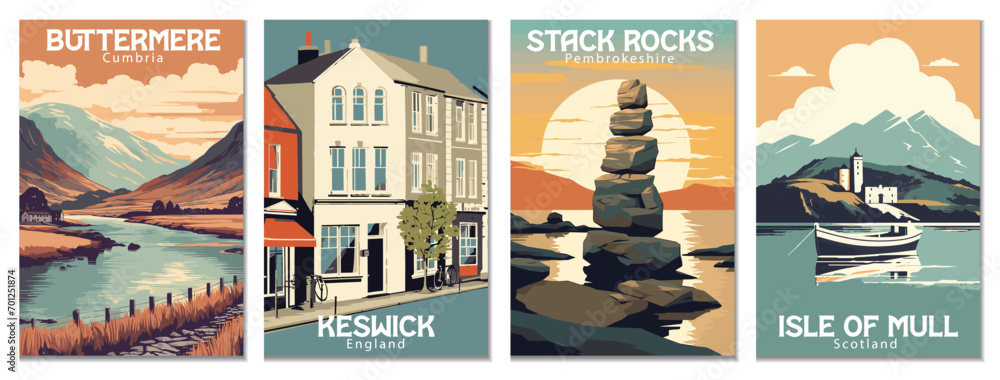 Vintage Travel Posters of Scenic Locations - Stack Rocks, Isle of Mull, Buttermere, Keswick