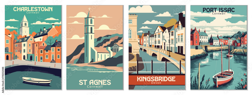Vintage Travel Posters Set: Charlestown, Cornwall, Port Isaac, Cornwall, Kingsbridge, Devon, St Agnes, Cornwall - Vector Art for Famous Tourist Destinations