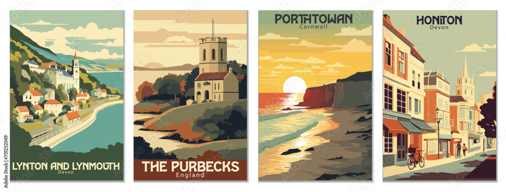 Vintage Travel Posters Set: Lynton And Lynmouth, Devon, Honiton, Devon, Porthtowan, Cornwall, The Purbecks, England - Vector Art for Famous Tourist Destinations
