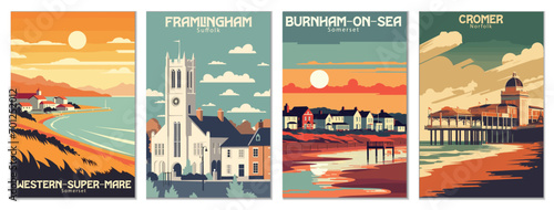 Vintage Travel Posters Set: Weston-Super-Mare, Somerset, Cromer, Norfolk, Burnham-On-Sea, Somerset, Framlingham, Suffolk - Vector Art for Famous Tourist Destinations photo