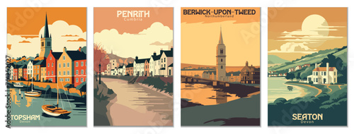 Vintage Travel Posters Set: Topsham, Devon, Seaton, Devon, Berwick-Upon-Tweed, Northumberland, Penrith, Cumbria - Vector Art for Famous Tourist Destinations