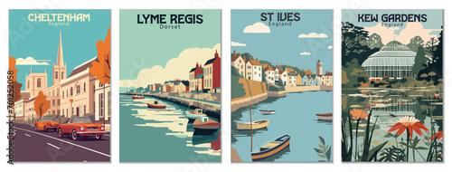 Vintage Travel Posters Set: Cheltenham, England, Kew Gardens, England, St Ives, England, Lyme Regis, Dorset - Vector Art for Famous Tourist Destinations