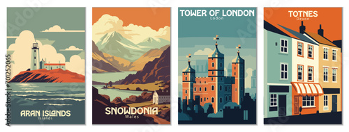 Vintage Travel Posters Set  Totnes  Devon  Aran Islands  Ireland  Tower Of London  London  Snowdonia  Wales - Vector Art for Famous Tourist Destination