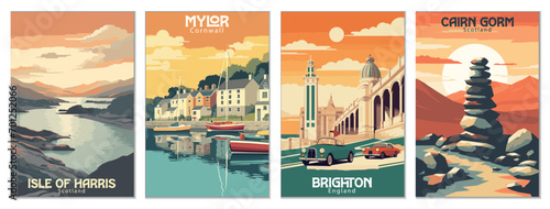 Vintage Travel Posters Set: Isle Of Harris, Scotland, Cairn Gorm, Scotland, Brighton, England, Mylor, Cornwall - Vector Art for Famous Tourist Destinations