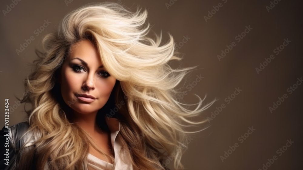 Portrait of smiling blond 45 yo mid age woman outdoors, hair fluttering in the wind Portrait of smiling blond 45 yo mid age woman outdoors, hair fluttering in the wind