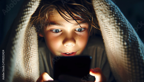 Young boy looking at a phone under a blanket . Children who are online are at risk of cyberbullying, emotional abuse, grooming, sexual abuse and exploitation.Parental monitoring is important . photo