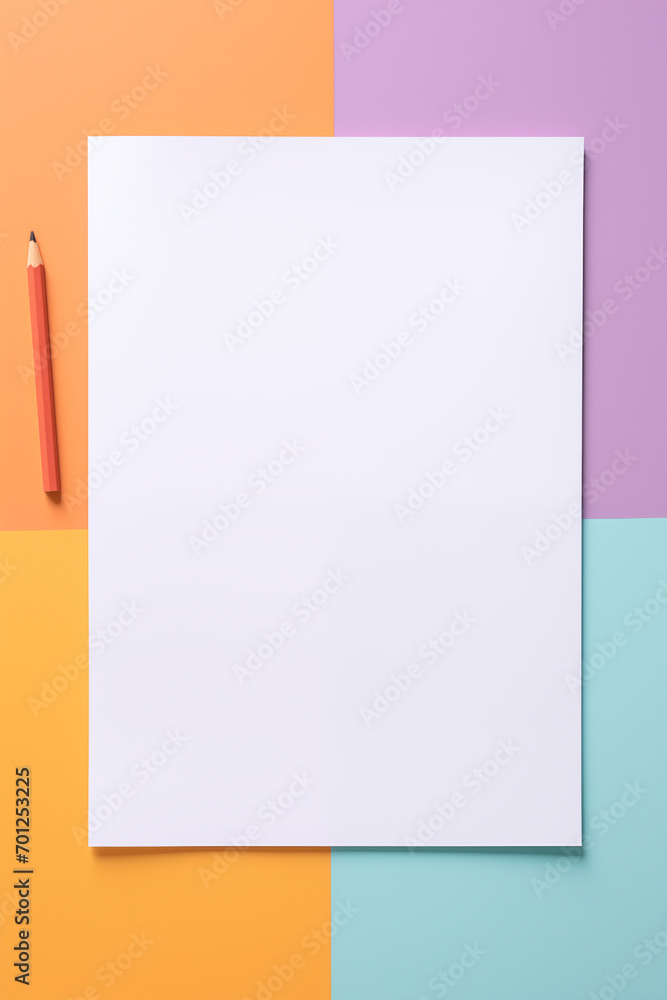 Blank white sheet of paper on a colorful child's desk for drawing, coloring, homework or painting mock up background. Generative Ai. Blank white sheet of paper on a colorful child's desk for drawing, coloring, homework or painting mock up background. Generative Ai.