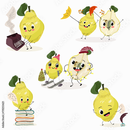 Cute cartoon quince character set, collection. Flat vector illustration. Autumn, umbrellas, Christmas, Christmas tree, skiing, garland, poetry day.