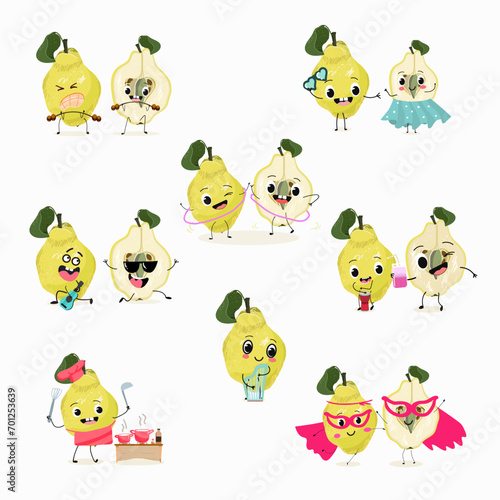 Cute cartoon quince character set, collection. Flat vector illustration. Activities, playing musical instruments, sports, funny fruits.
