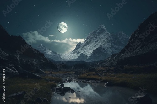 Calm mountains in moonlight, a tranquil nocturnal view. Generative AI