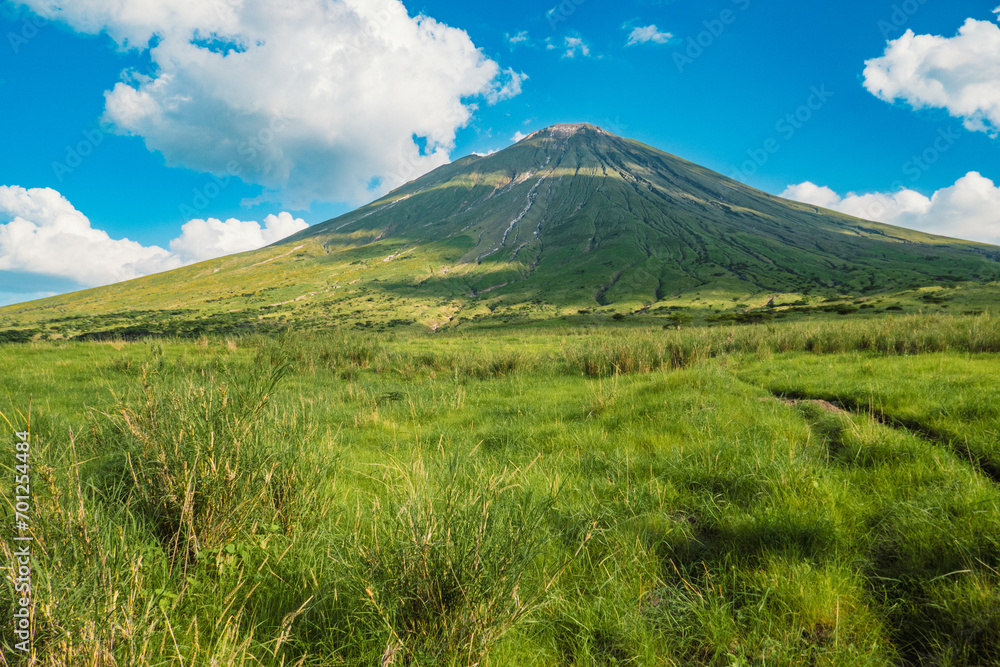 Fototapeta premium Scenic view of Mount Ol Doinyo Lengai against blue sky at Ngorongoro Conservation area in Tanzania