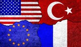 USA, France, EU and Turkey flags together. USA France Turkey EU relation