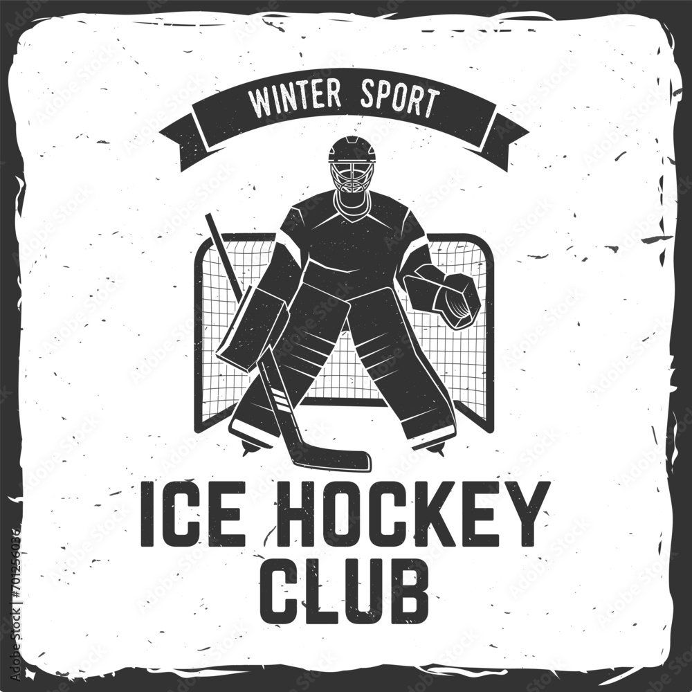 Obraz premium Hockey club logo, badge design. Concept for shirt or logo, print, stamp or tee. Winter sport. Vector illustration. Hockey goalkeeper, goaltender protects the gate.