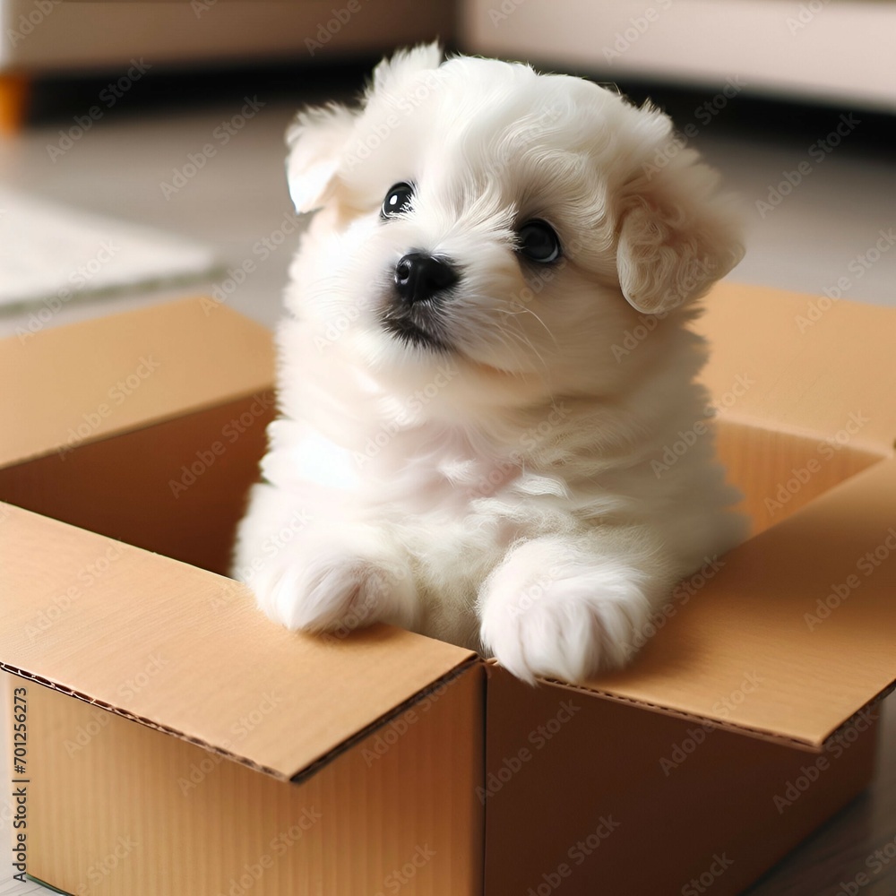Cute fluffy white puppy sitting inside cardboard box looking up

 - obrazy, fototapety, plakaty 