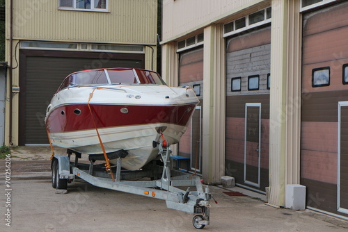 motor yacht on a trailer near the boathouse dry storage