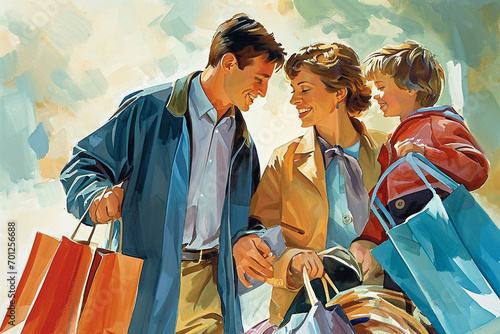 Surrounded by shopping bags, the family radiates contentment, turning a routine activity into a delightful bonding experience