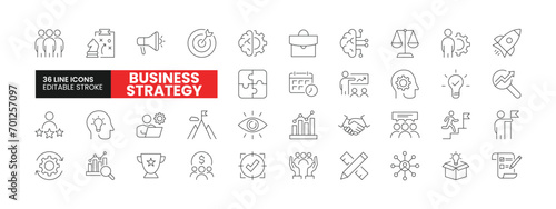 Set of 36 Business Strategy line icons set. Business Strategy outline icons with editable stroke collection. Includes Team, Brainstorming, Teamwork, Vision, Growth, and More. photo