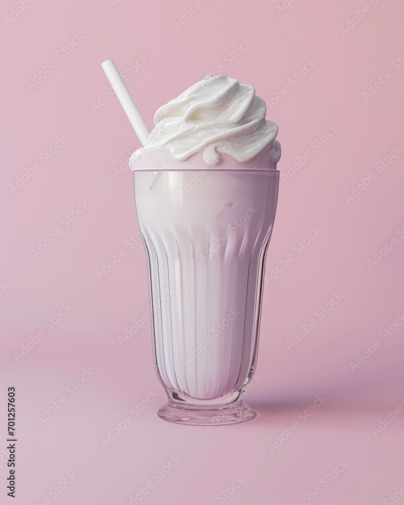 Vanilla milkshake in elegant glass decorated with whipped cream and cocktail straw. Isolated on pink background. Vanilla milkshake in elegant glass decorated with whipped cream and cocktail straw. Isolated on pink background.