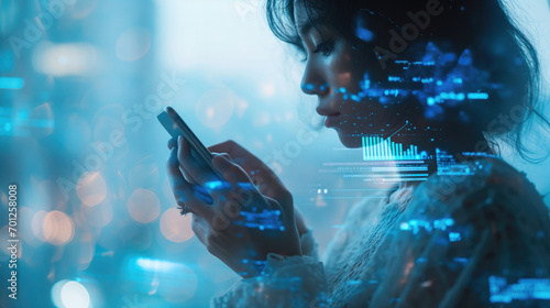 asian woman on mobile phone , double exposure with data