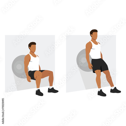 Man doing Stability or Swiss ball wall squat exercise. Flat vector illustration isolated on white background