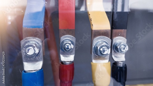 Tablou pe pânză R S T Power Cables connection with copper busbars in electrical power distribution cabinet for main  power control panel