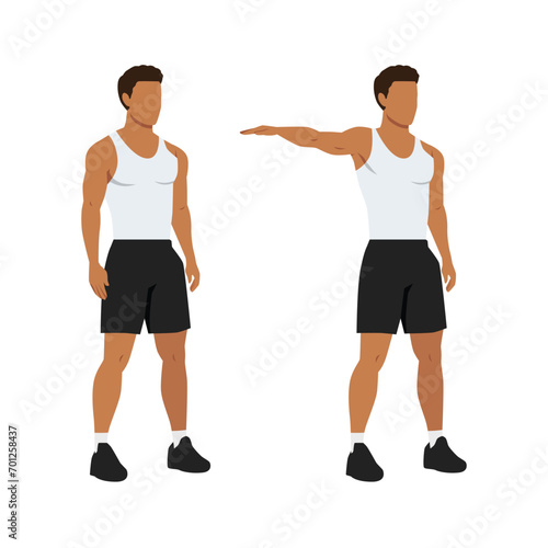 Man doing single arm side or lateral raises exercise. Flat vector illustration isolated on white background