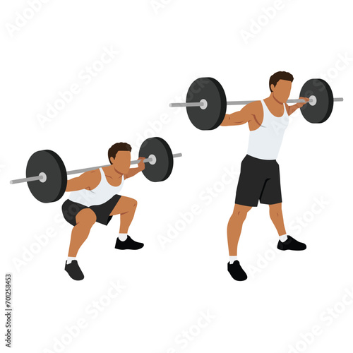Man doing wide stance sumo barbell squats exercise. Flat vector illustration isolated on white background
