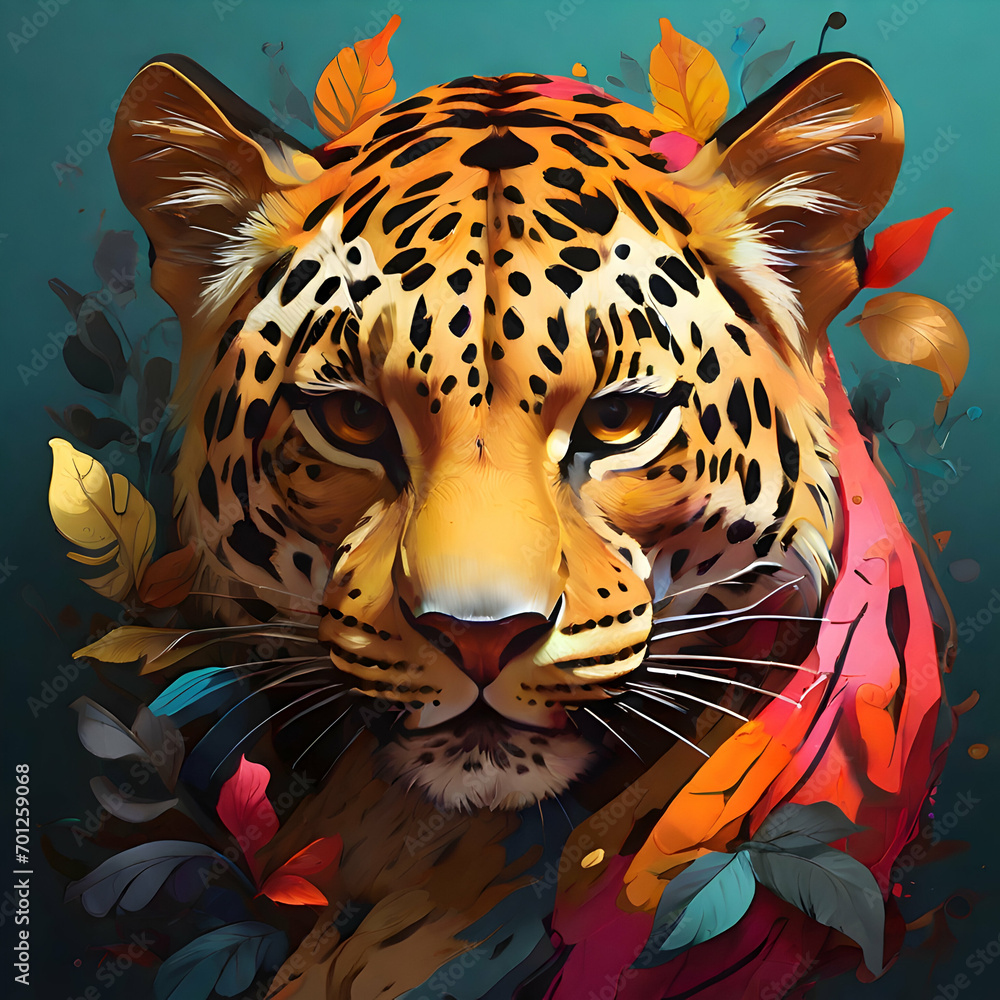 A colorful head of a leopard surrounded by a colorful abstract design, leaves and forest.