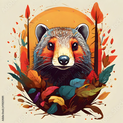 A colorful head of a mongoose surrounded by a colorful abstract design, leaves and forest. photo