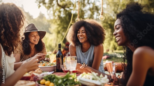 Fototapeta Naklejka Na Ścianę i Meble -  A group of young Multicultural Friends are sitting on the lawn of the community park having drinks and enjoying their leisure time