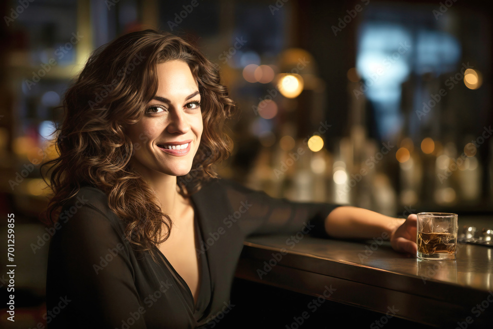 Beautiful young woman sitting at a bar with a glass of whiskey in a luxurious interior. Blurred background. A woman is relaxing in a bar with a glass Beautiful young woman sitting at a bar with a glass of whiskey in a luxurious interior. Blurred background. A woman is relaxing in a bar with a glass