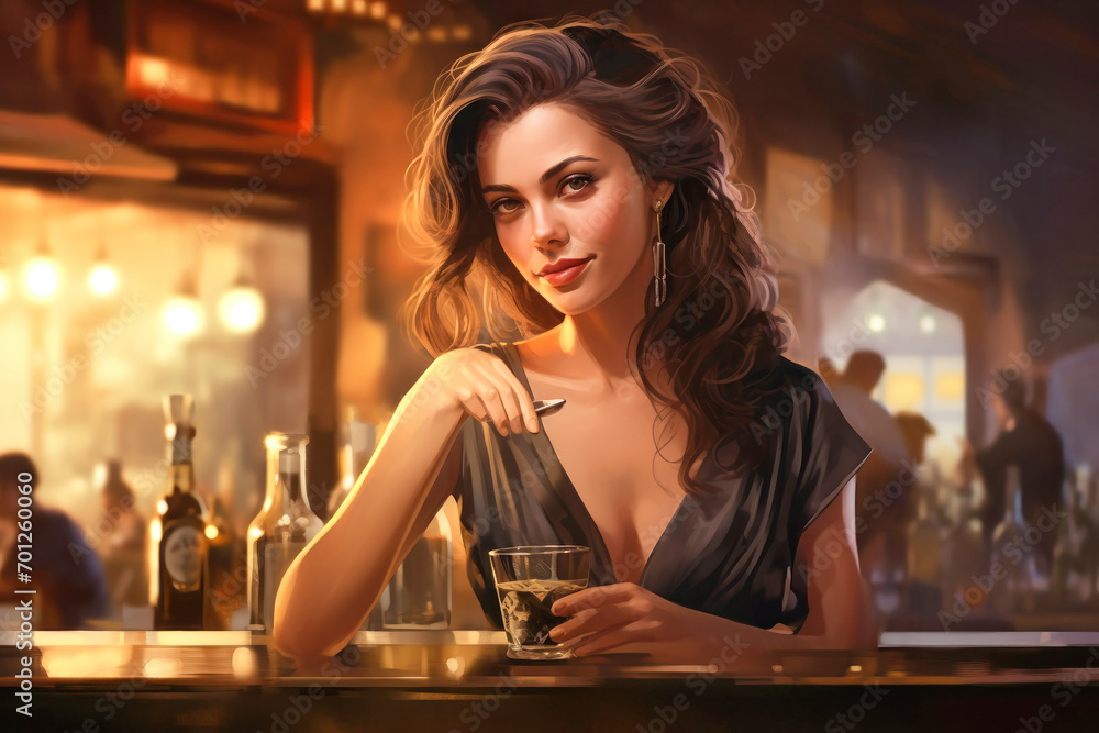 Beautiful young woman sitting at a bar with a glass of whiskey in a luxurious interior. Blurred background. A woman is relaxing in a bar with a glass