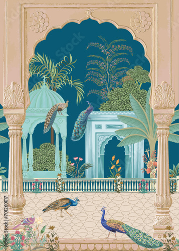 Indian Mughal garden, arch, peacock, bird, plant vector illustration for wallpaper mural art photo