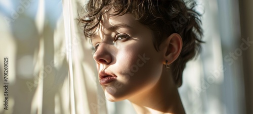 Close-up profile portrait of a young Caucasian woman with short brown hair. Attractive female model with trendy hairstyle and perfect makeup. Beautiful light from the window.